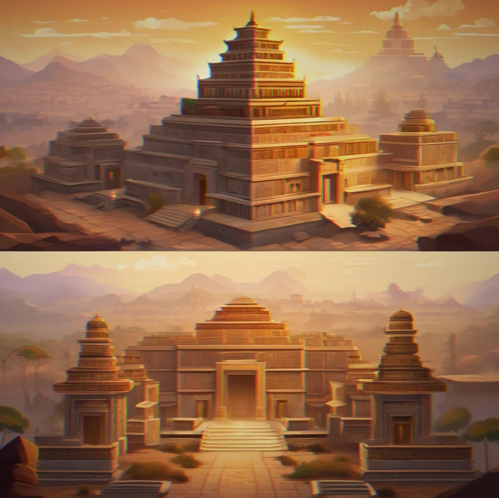 Panoramic view of an ancient kingdom with multiple temple structures at different elevations across misty landscape