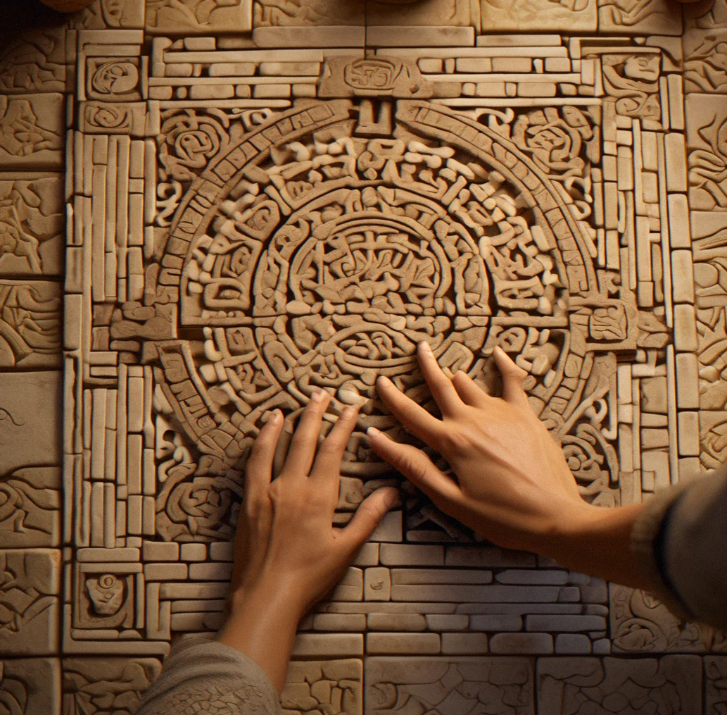 Hands rotating a stone tile puzzle with carved symbols on a stone temple floor