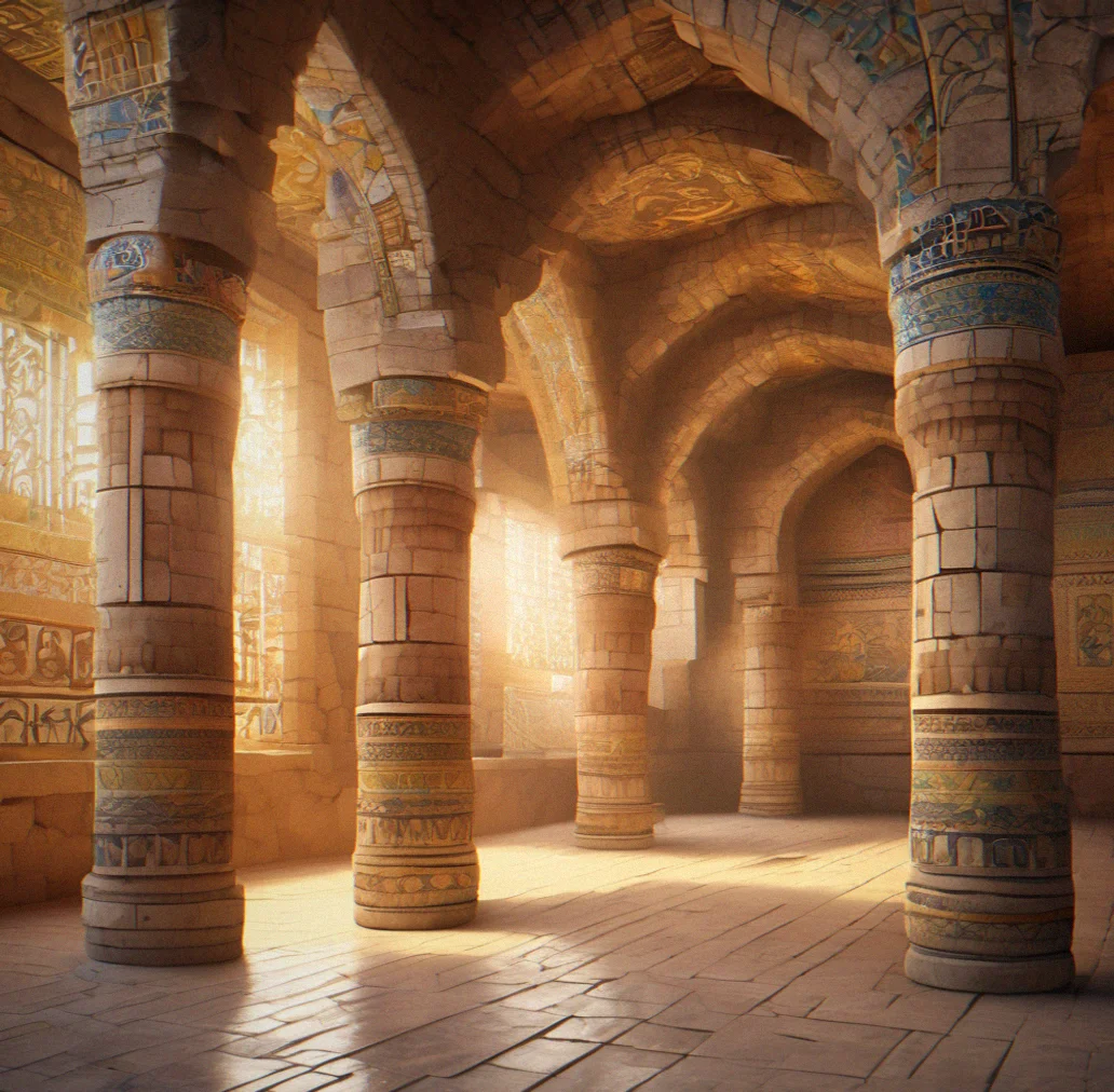 Ancient stone temple interior with ornate archways and weathered mosaic wall sections waiting to be restored