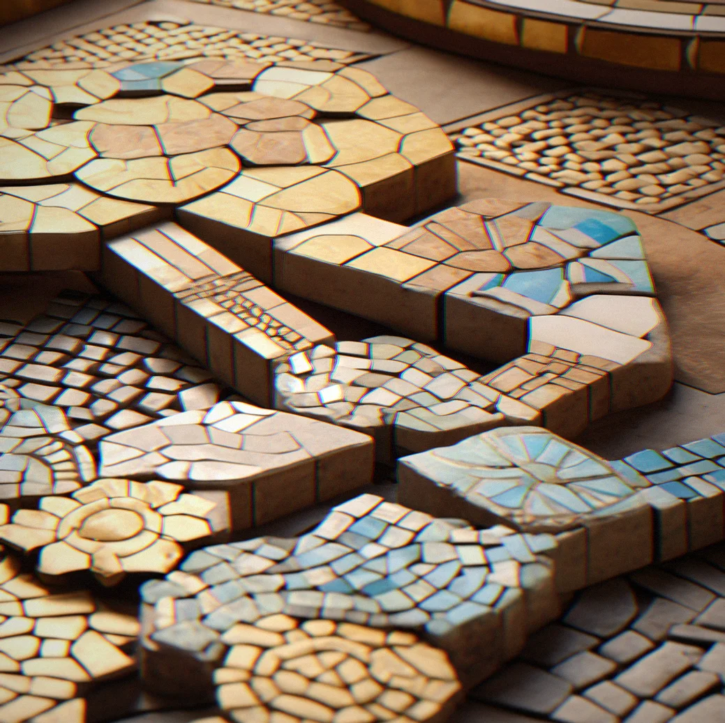 Close-up of interlocking mosaic tiles with geometric patterns aligned in a completed puzzle section