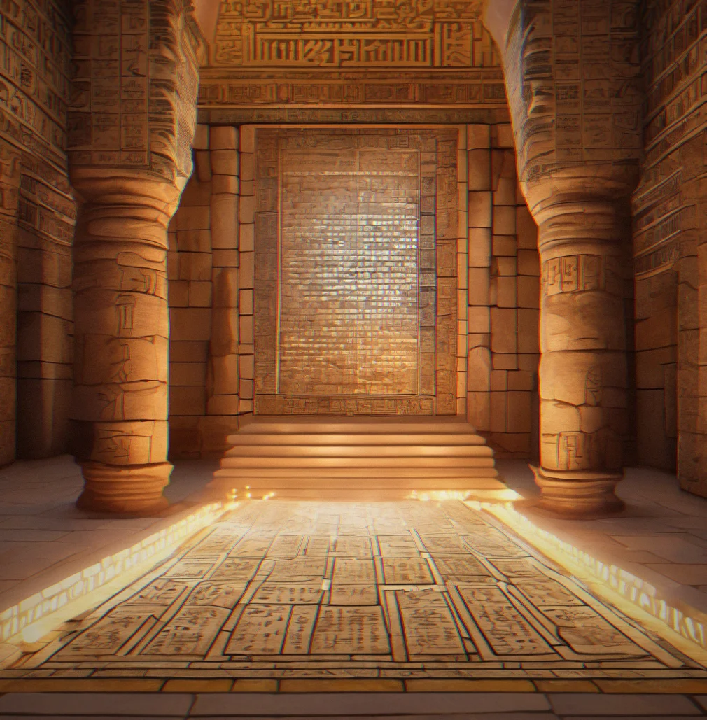 Glowing mosaic tiles revealing an ancient written text and architectural blueprint within a restored temple chamber