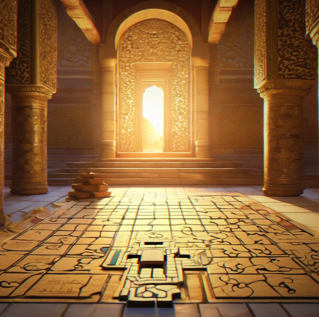 Quiet temple room with soft golden light illuminating a single unsolved mosaic puzzle on the floor