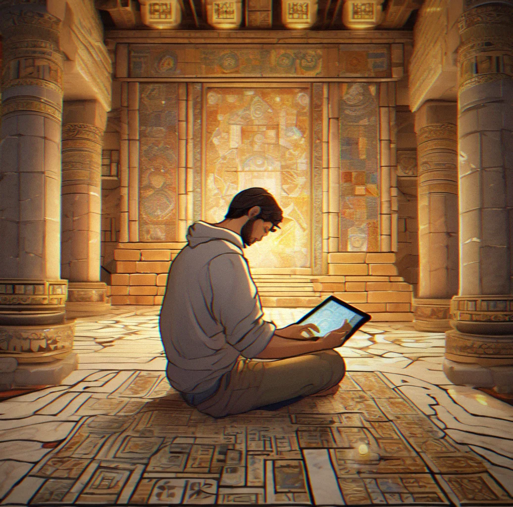 Adult player sitting cross-legged on floor, focused on a tablet displaying a complex temple mosaic puzzle