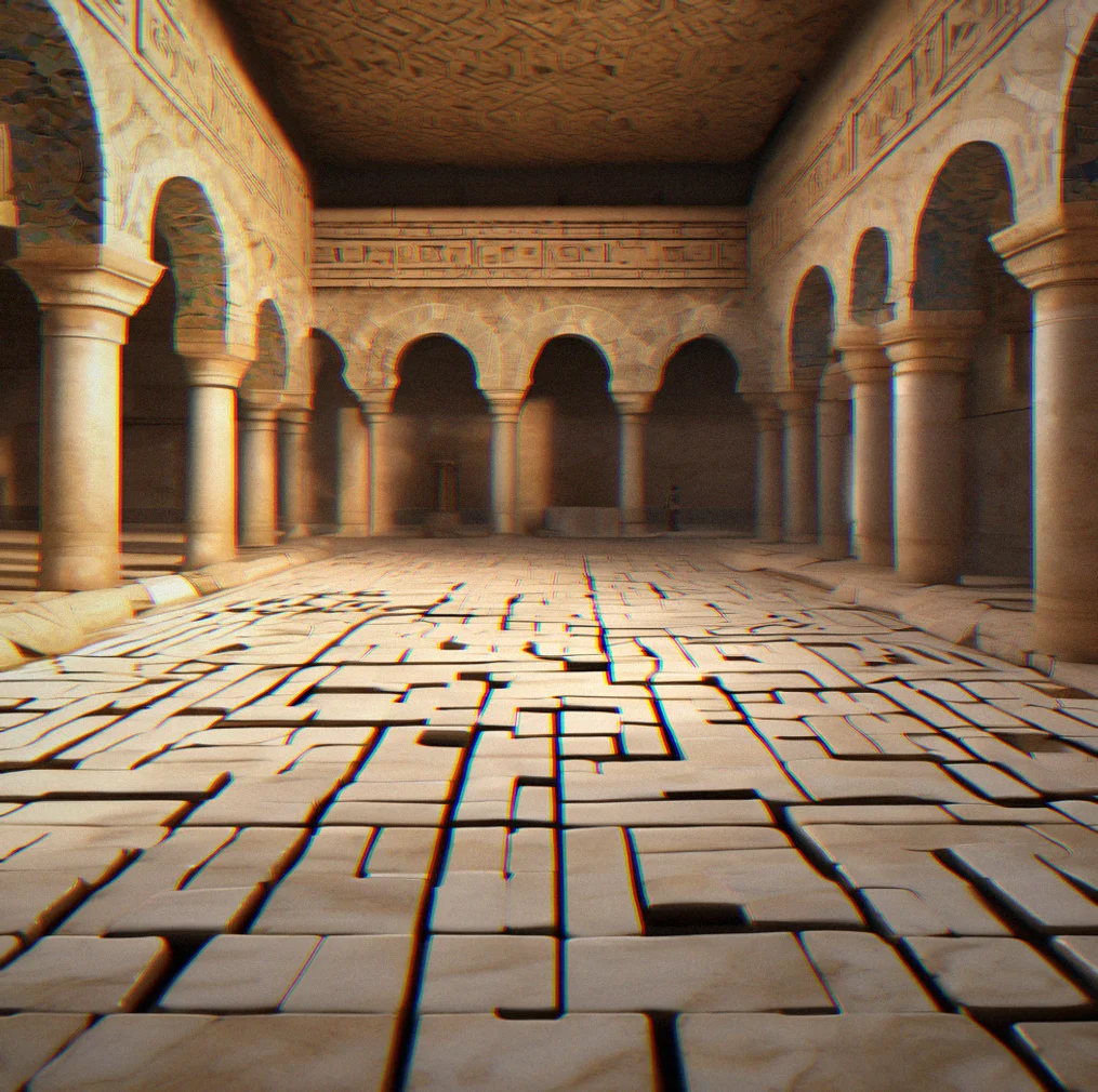 Three-dimensional rendered tiles showing depth and shadow, rotating mid-puzzle above a stone grid surface