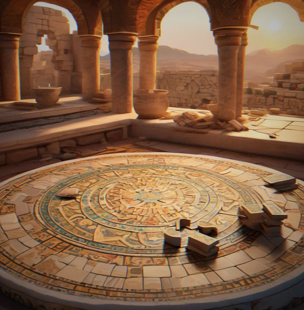 Scattered ancient mosaic fragments and scrolls arranged on a stone desk with completed puzzle sections visible