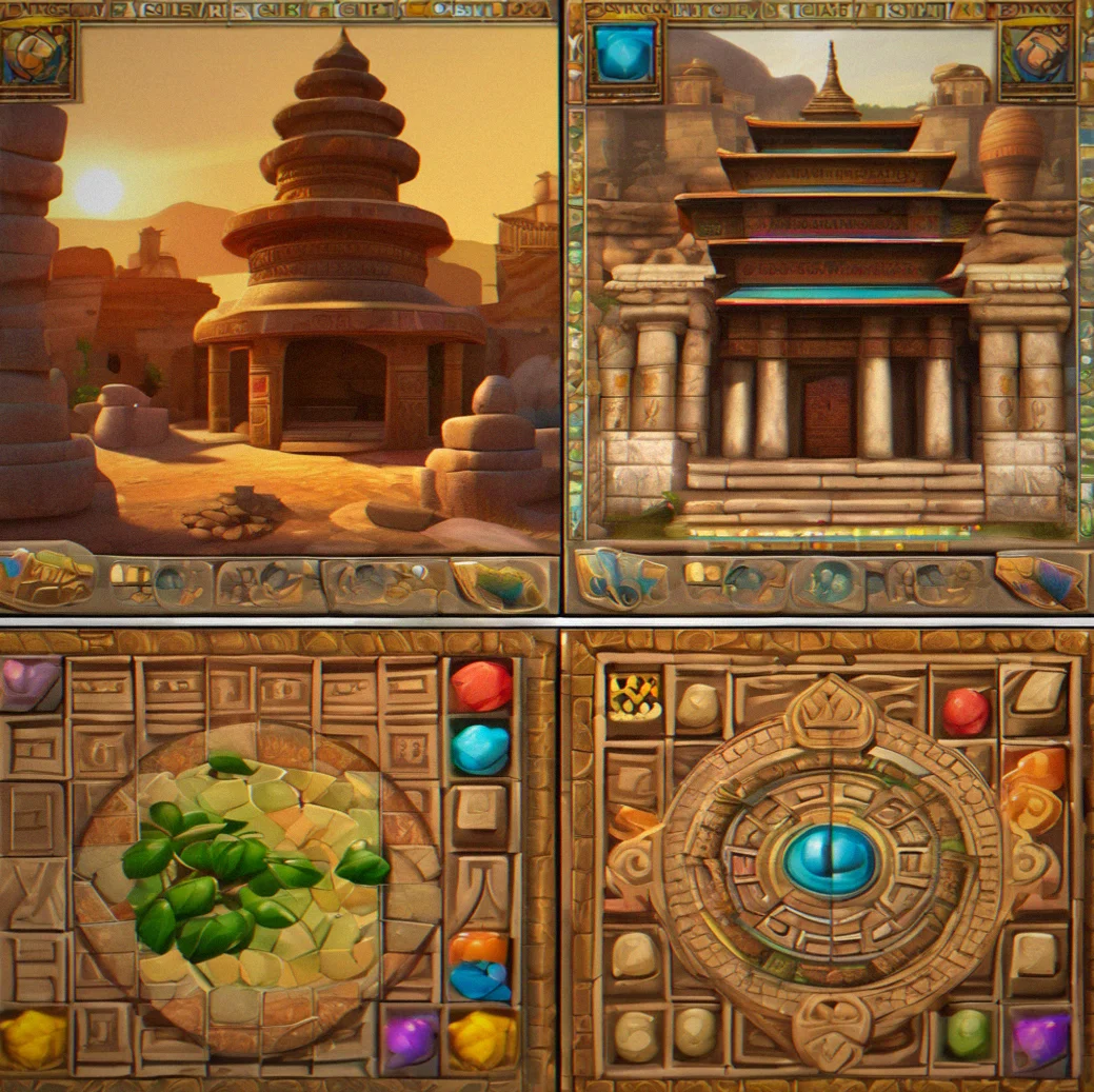 Split-screen showing colorful casual match-three game versus intricate story-driven temple restoration interface