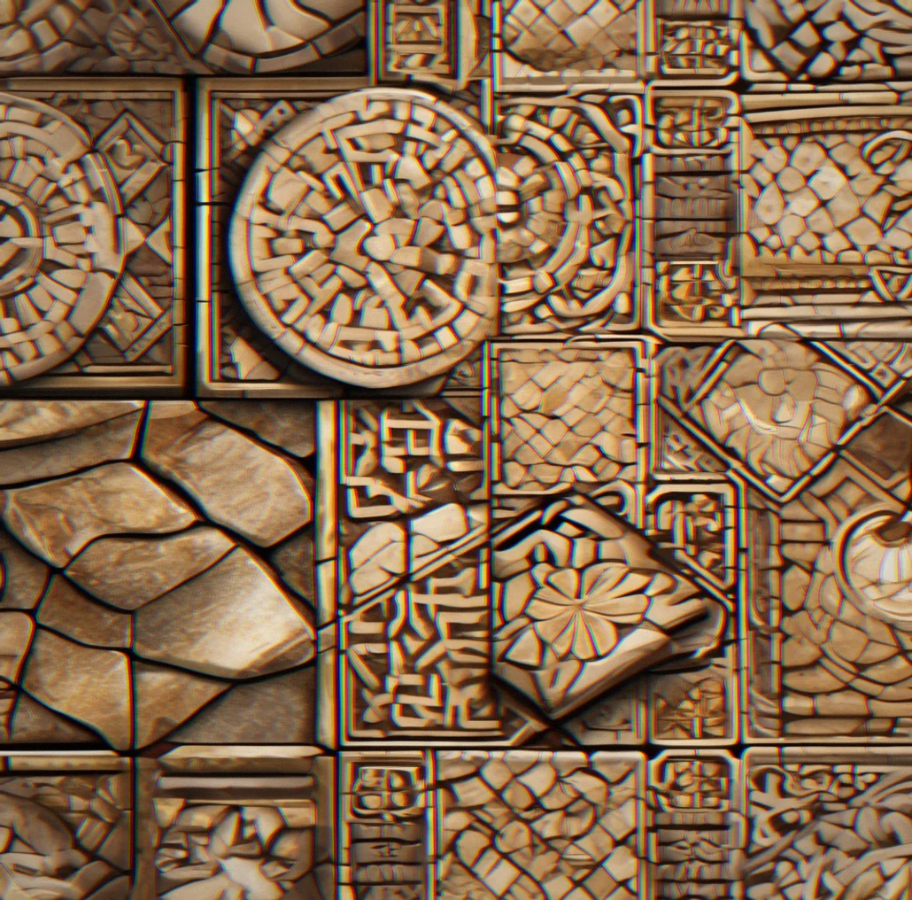 Single stone tile rotating 90 degrees on a grid surface with carved mosaic pattern