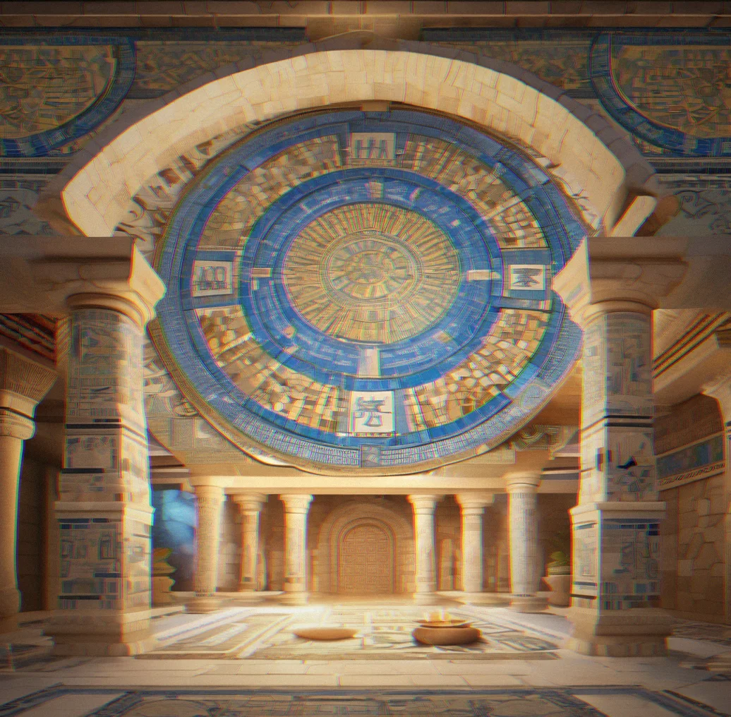 Completed mosaic section glowing with revealed text and architectural blueprints beneath