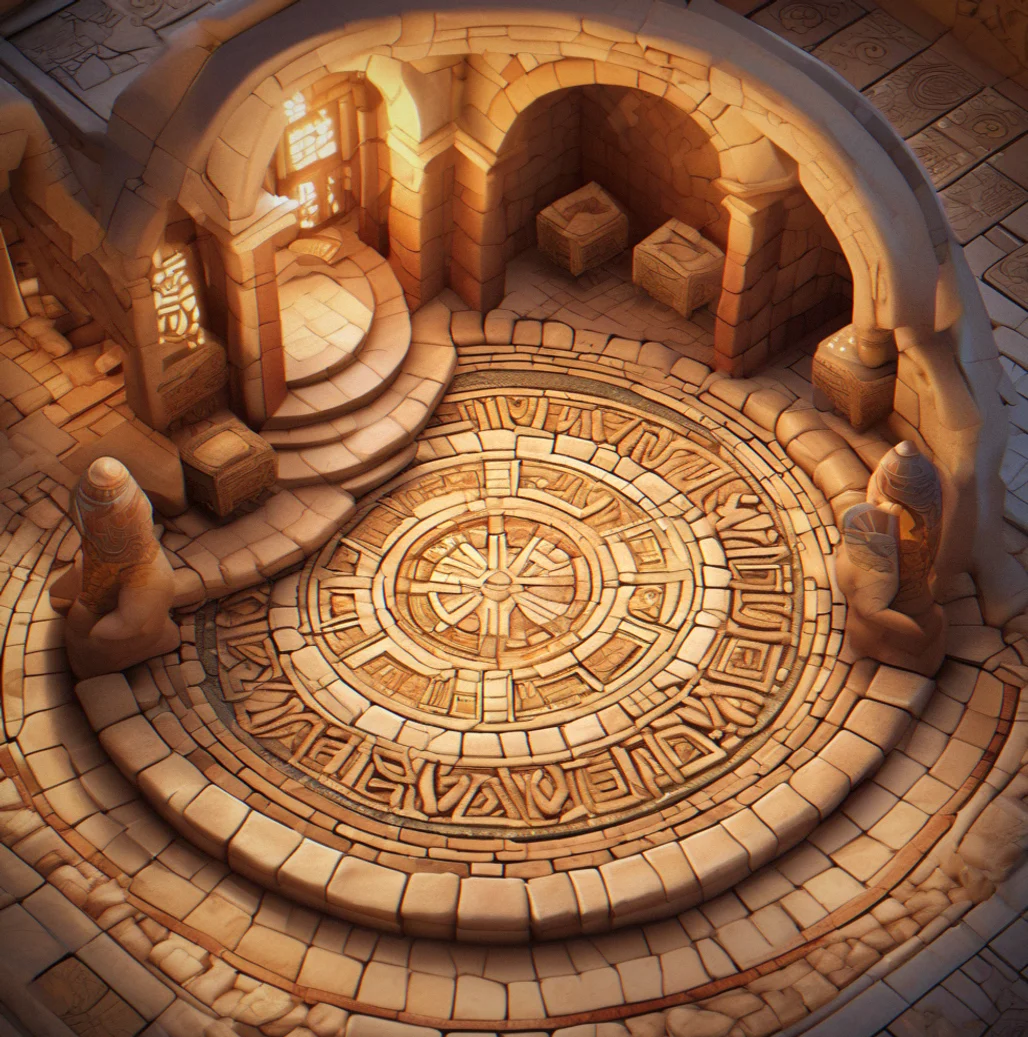Three-dimensional isometric view of tiles with depth shading and rotational arrows