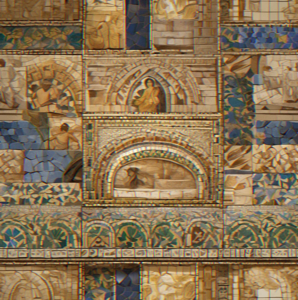 Collection of restored mosaic sections arranged together revealing a larger historical narrative