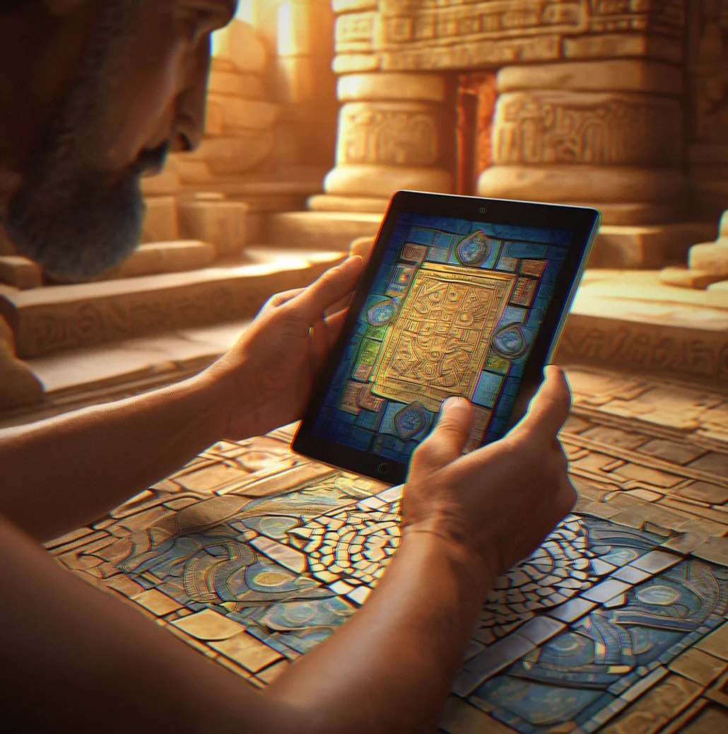 Adult player in focused posture working through a complex temple puzzle on tablet