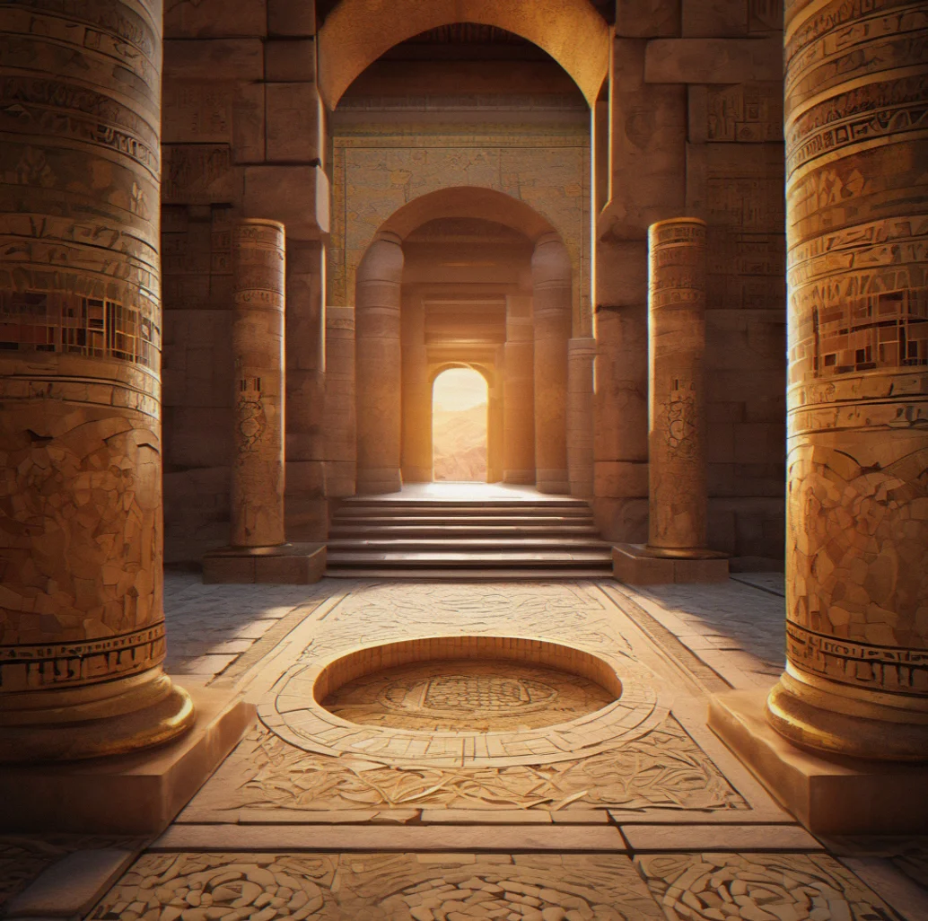 Ancient temple entrance with weathered stone columns and a lzrge incomplete mosaic embedded in the floor