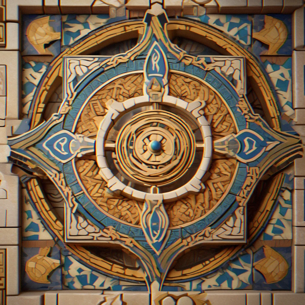 Close-up of rotating tile mechanism mid-puzzle with interlocking geometric patterns and carved symbols