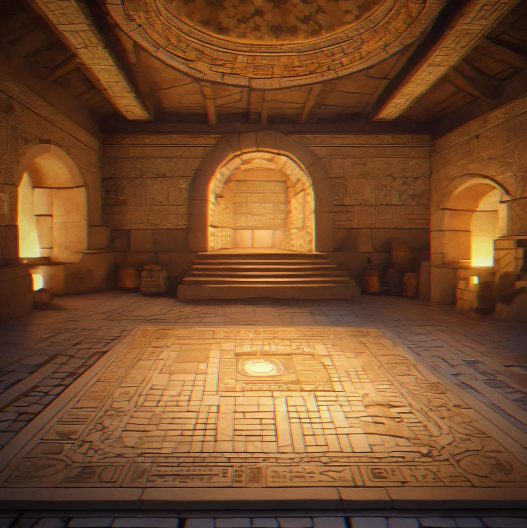 Underground chamber with glowing restored mosaic sections revealing architectural blueprints on the walls