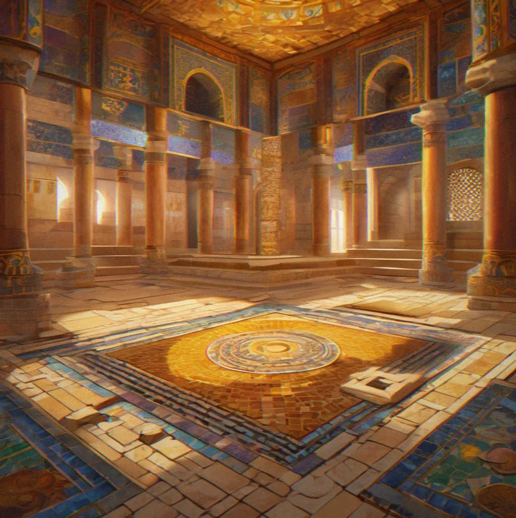 Ornate temple hall with multiple mosaic puzzles at different completion stages acrross the chamber floor