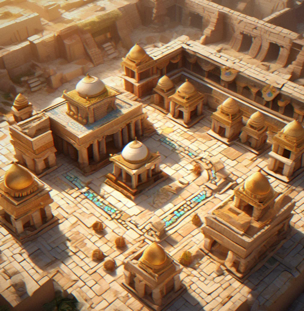 Elevated view of a kingdom landscape with scattered temple ruins and restoration progress marked throughout