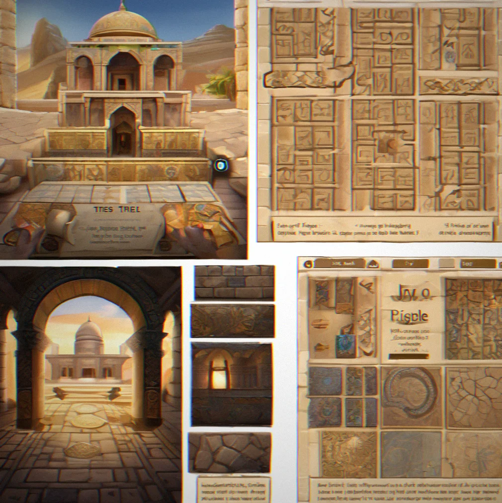 Interface view showing tile inventory and puzzle grid with highlighted solution path and narrative text below