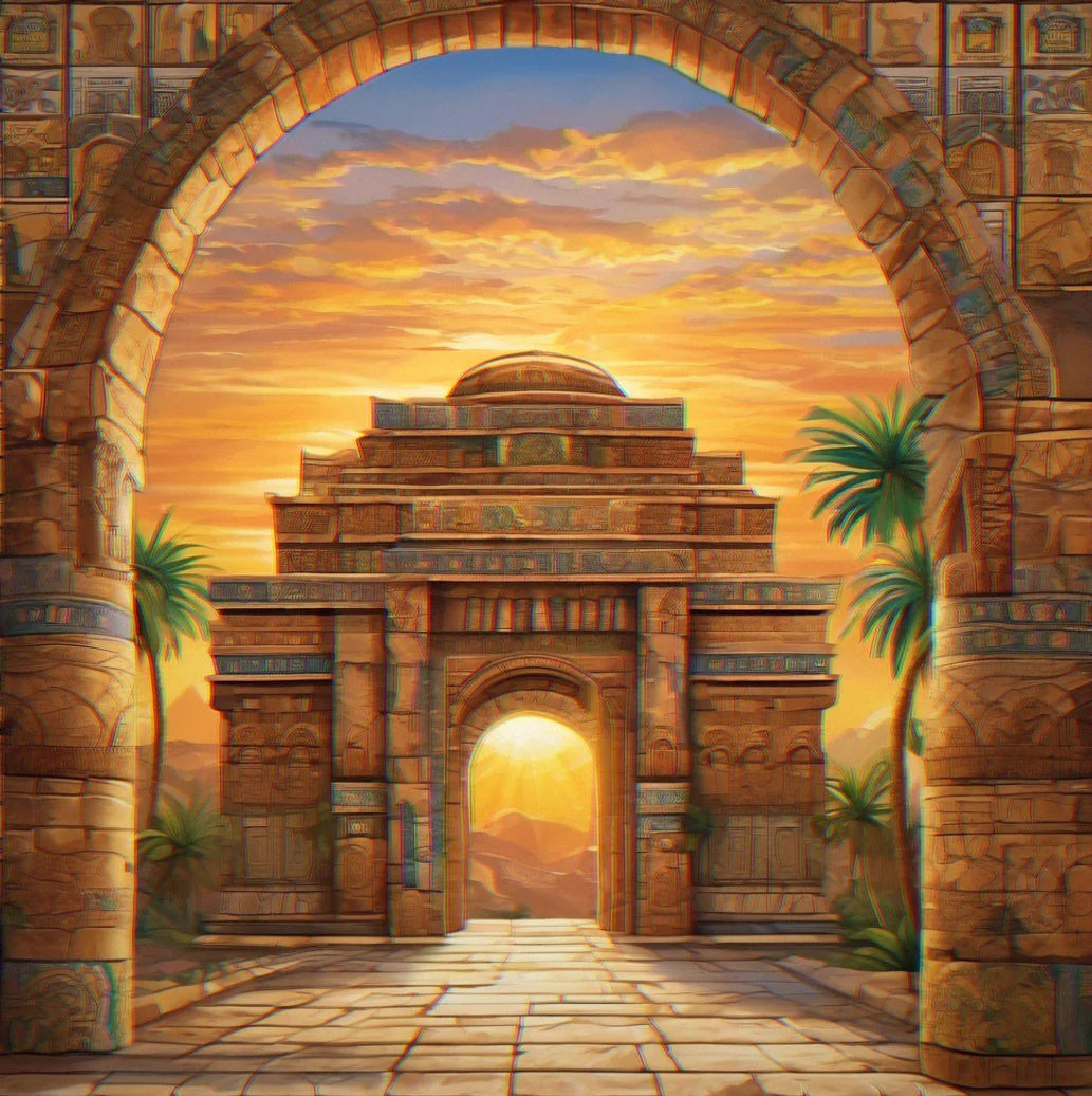 Ancient temple mosaic puzzle with rotating tiles revealing a stone archway and weathered kingdom architecture