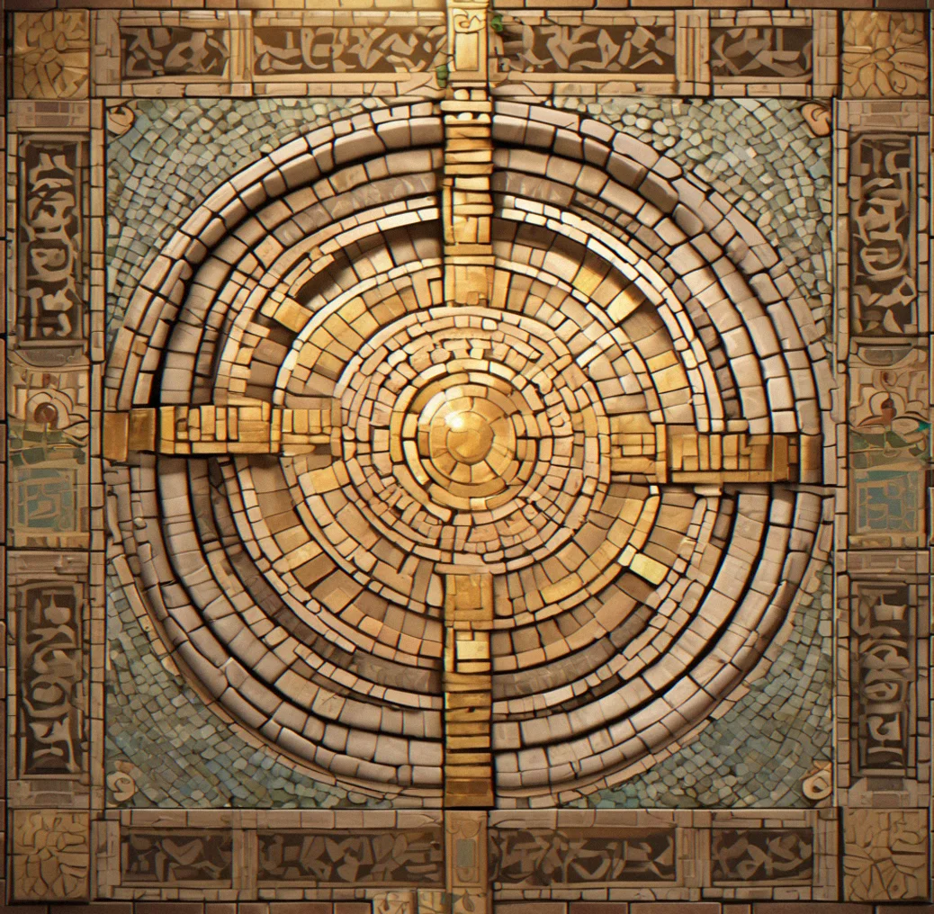 Tile rotation animation showing a stone mosaic piece aligning with adjacent tiles on a temple floor grid