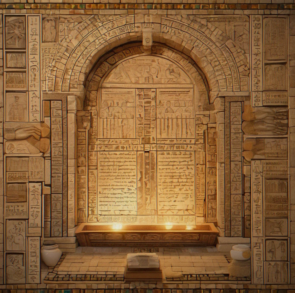 Glowing mosaic revealing carved text and historical diagrams within a restored temple chamber