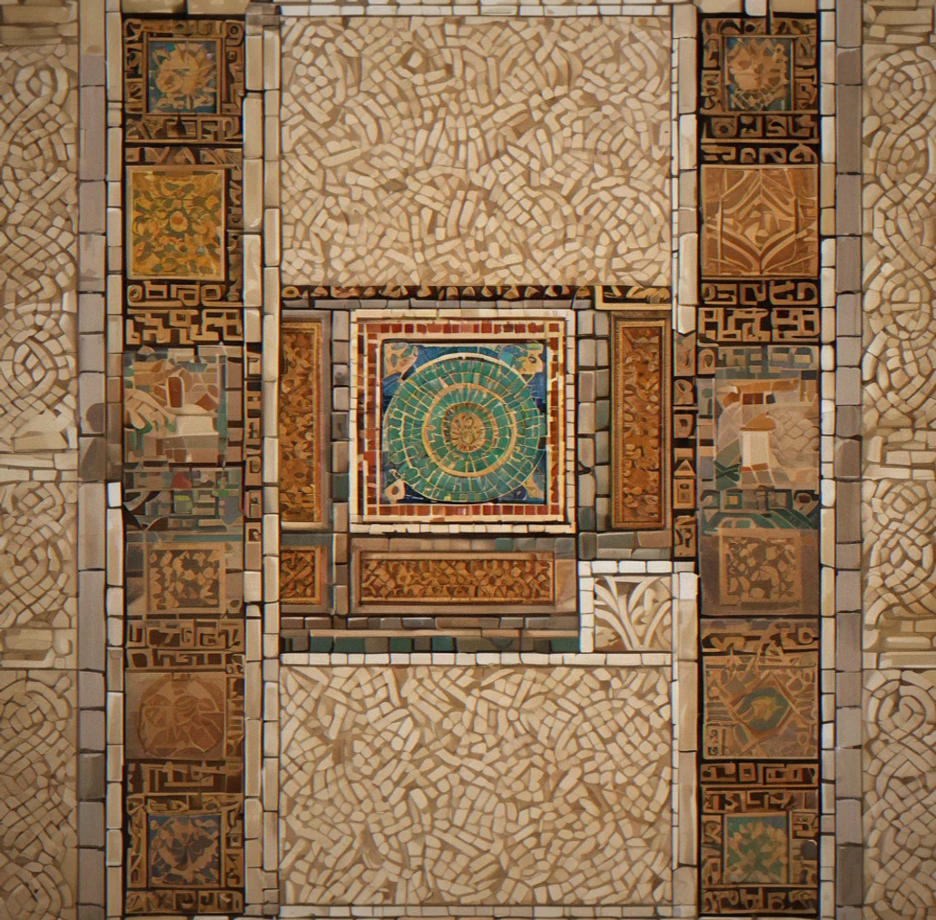 Overhead view of three different temple floor layouts with varying architectural geometry and mosaic patterns