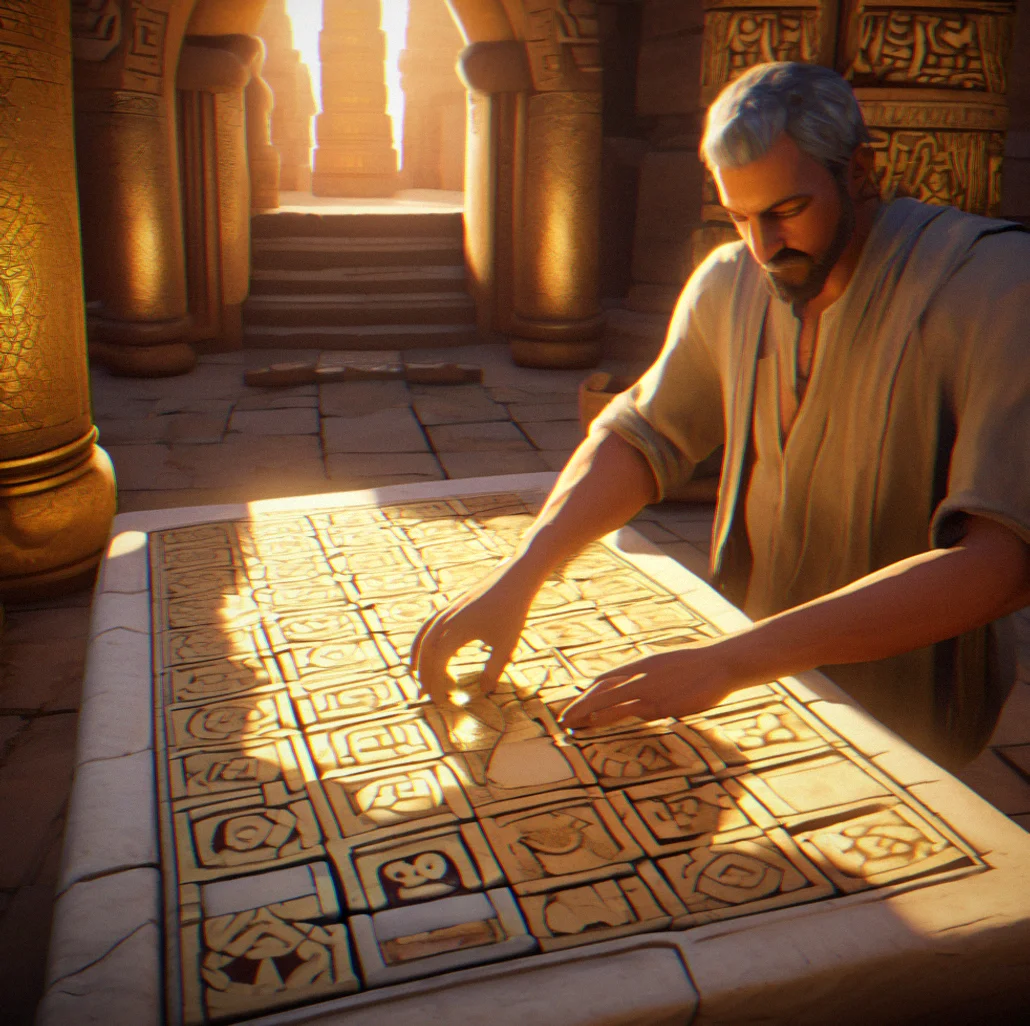 Player in focused posture working through a complex temple puzzle with quiet interface elements