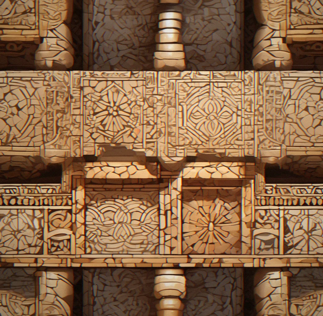You're standing at the entrance to an ancient stone temple, its columns worn smooth by centuries. The floor stretches out in front of you, mostly empty except for a partially completed mosaic sunk deep into the stone