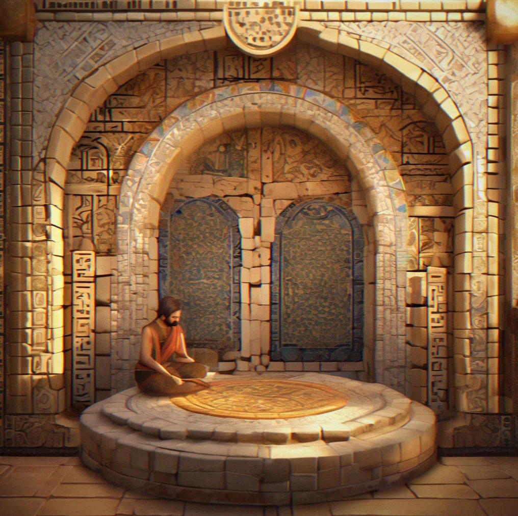 As the mosaic comes together it starts to glow, and underneath you can make out archtiectural blueprints and ancient writing etched into the stone itself